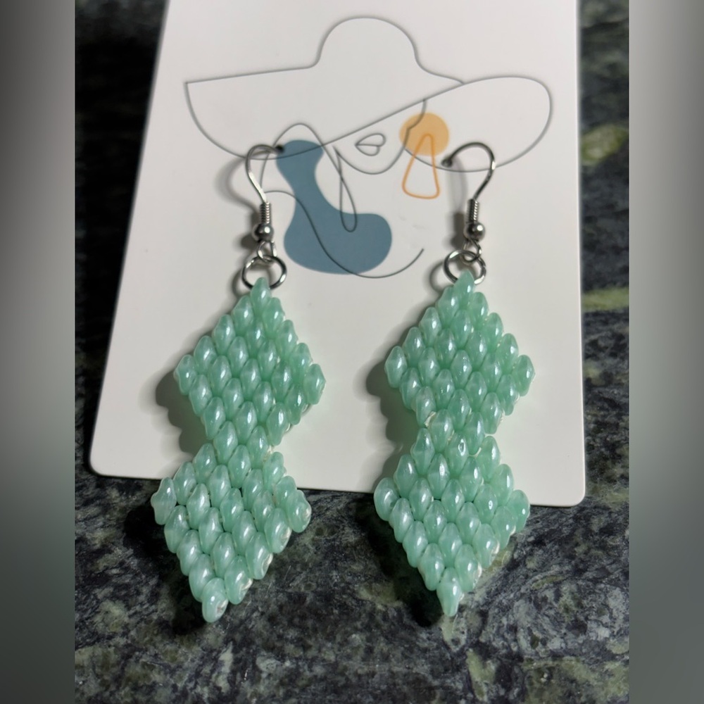 Hand Crafted Pierced Earrings Mint Green Beads 2.5 inches